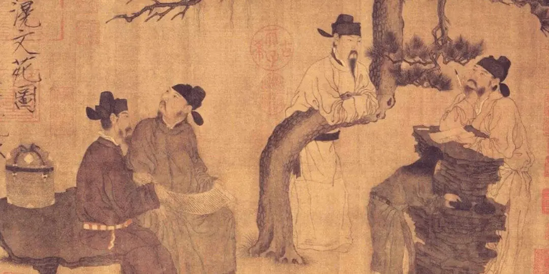Ancient Chinese scholars gathering in a pavilion