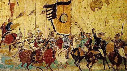 Historical illustration of ancient war banners and burning imperial gates