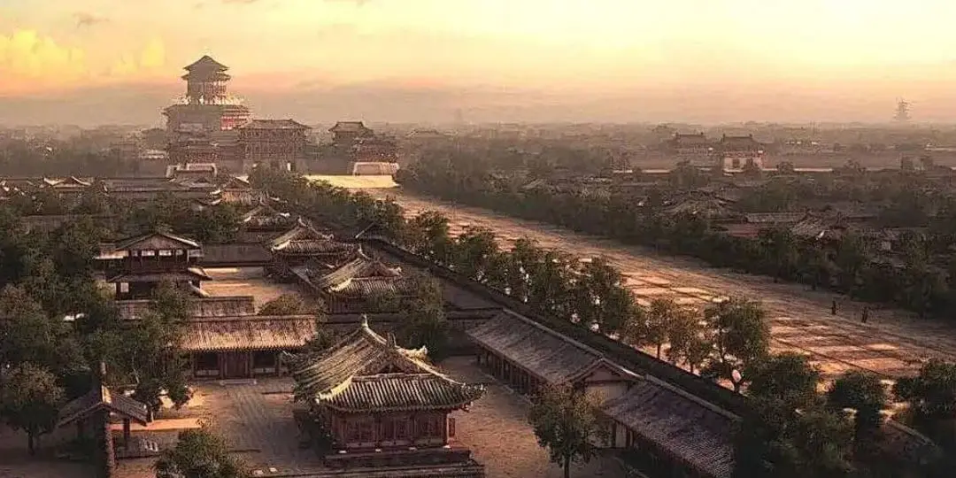 Bustling streets of the ancient Tang Dynasty capital with international merchants and scholars